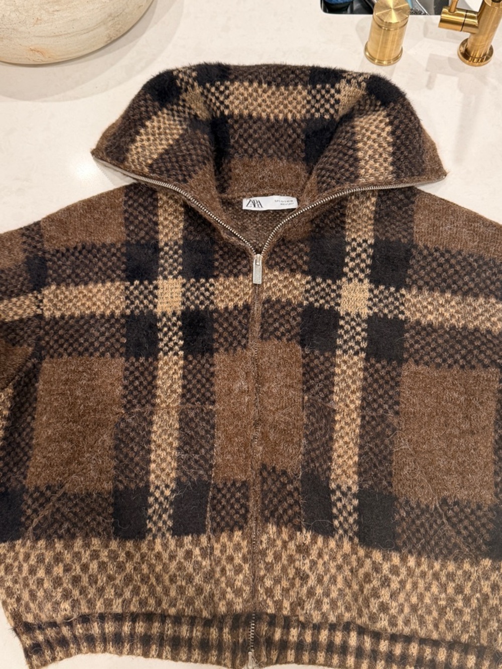 Zara Brown Plaid Knit Bomber 2-Way FULL Zip-Up Jacket - Picture 3 of 8